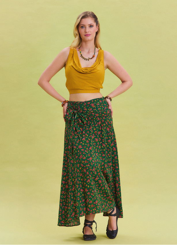 Gipe Waist Tied Green Patterned Ethnic Skirt 4501